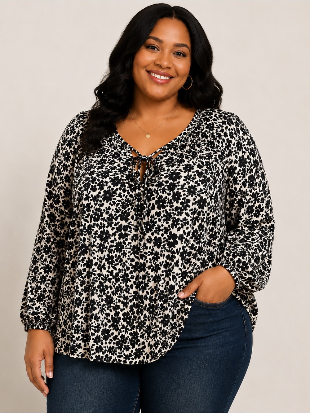 Como Black 1X Black Ivory Floral Tie Neck Long Sleeve Blouse